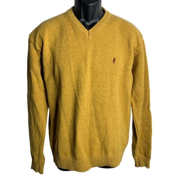 Vintage Marlboro Wool Pullover Sweater L Tan Knit V Neck Long Sleeve Ribbed Trim - Picture 1 of 6